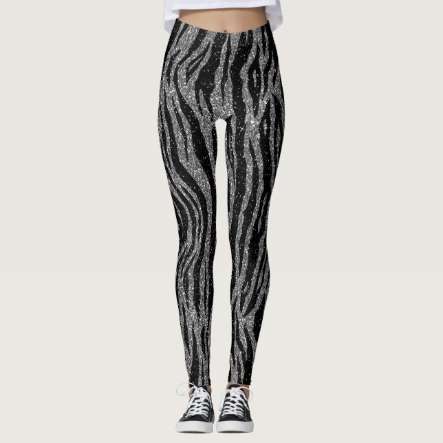 Svart och grå silver zebrarabbitryck leggings (Framsida)