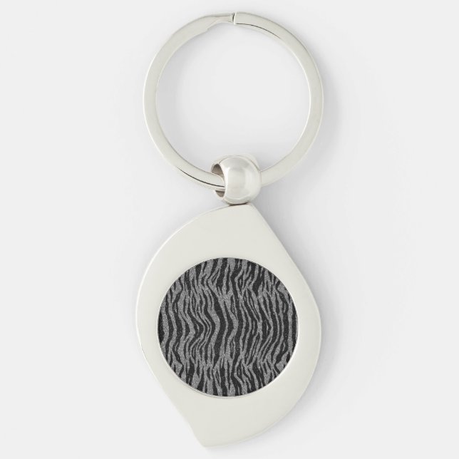 Svart och grå silver zebrarabbitryck swirl silverfärgad nyckelring (Framsidan)