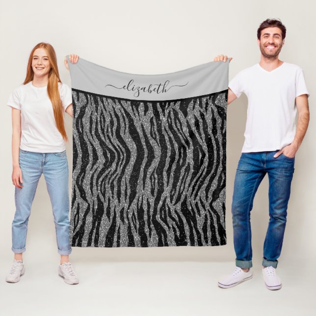 Svart och grå silver zebrarandom Monogram Fleecefilt (På plats)