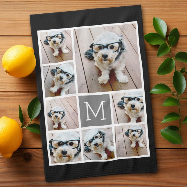 Svart och Grått 8 Photo Collage Classic monogram Kökshandduk (Personalized kitchen towel with 8 photos)
