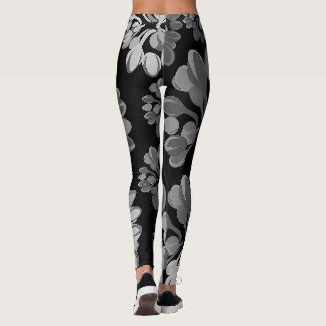 Svart och Grått Asymmetric Large Blommigt Leggings (Baksida)