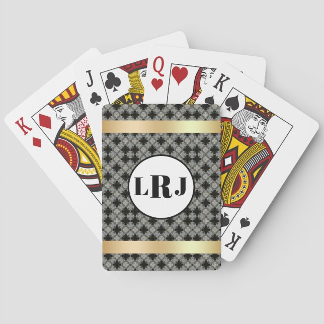 Svart och grått blommönster med monogram casinokort (Baksidan)
