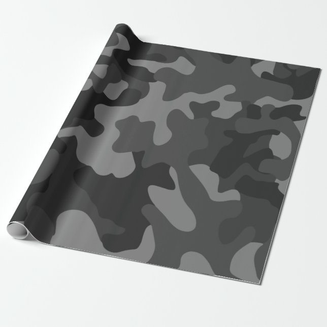 Svart och Grått Camo Wrapping Papper, Pappra gåvor Presentpapper (Utrullad)