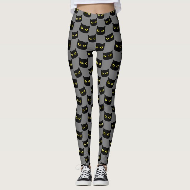 Svart och grått cat Halloween mönster Leggings (Framsida)