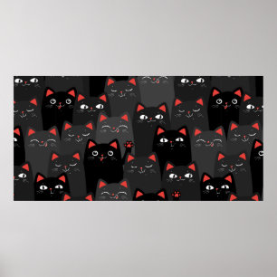 Svart och grått Cats. Tecknad sömlös mönster. Vin Poster