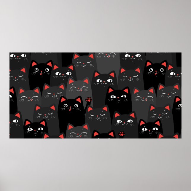 Svart och grått Cats. Tecknad sömlös mönster. Vin Poster (Framsidan)
