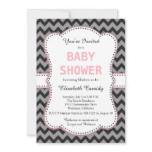 Svart och Grått Chevron, inbjudan till Rosa Baby S