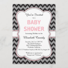 Svart och Grått Chevron, inbjudan till Rosa Baby S