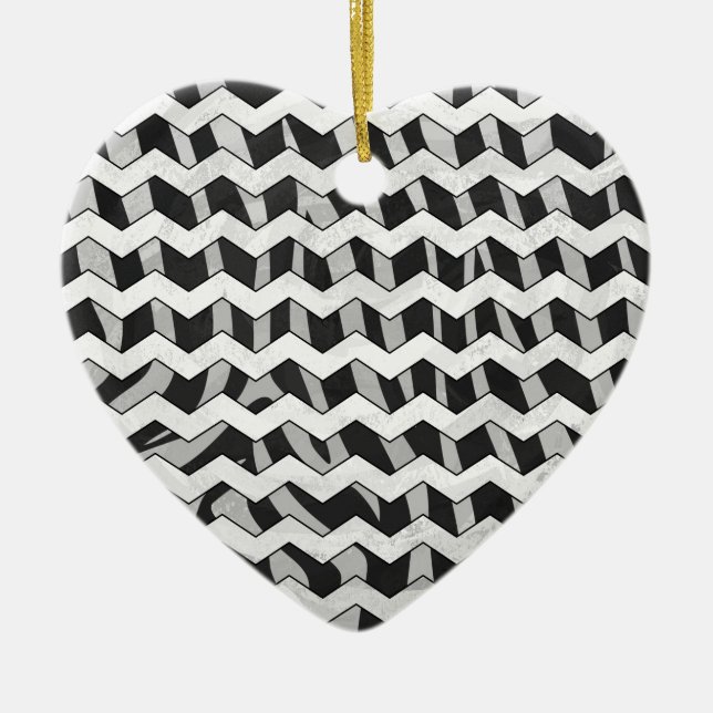 Svart och Grått Chevron Zebra mönstrad Julgransprydnad Keramik (Framsidan)