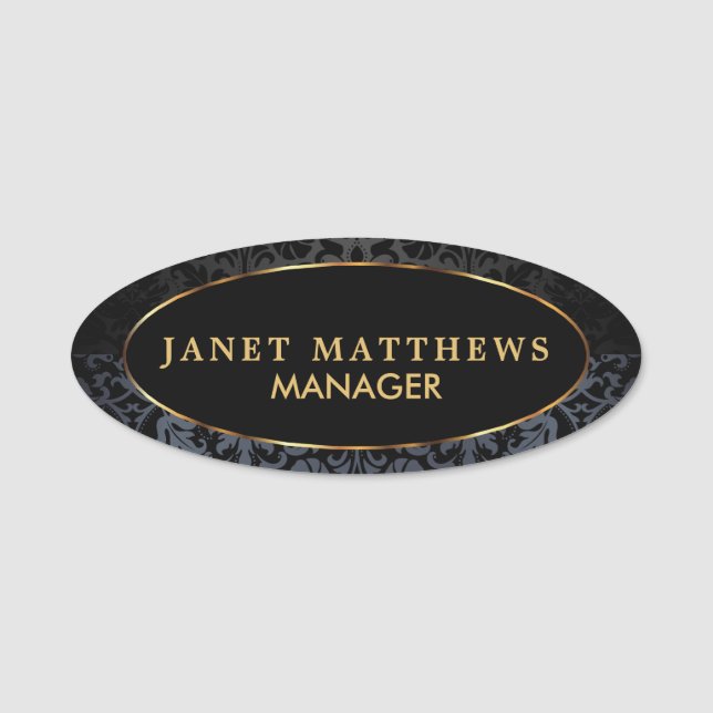 Svart och Grått Damask med Guld Trim Design Namnbricka (Framsida)