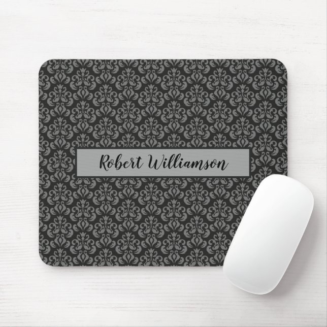 Svart och Grått Damask Monogrammed Musmatta (Med mus)