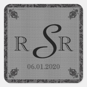 Svart och Grått Damask Wedding Monogram Fyrkantigt Klistermärke