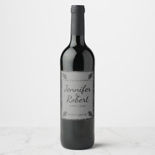 Svart och Grått Damask Wedding Vin-etikett Vinflaska Etikett (Framsida)