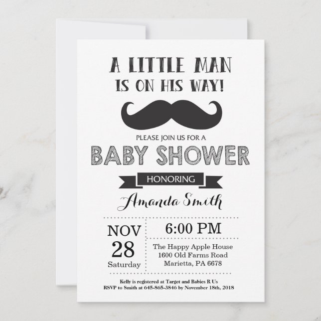 Svart och grått för mustaschbaby showerinbjudan inbjudningar (Framsida)