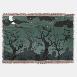 Svart och grått graveyard, spooky träd Halloween Filt