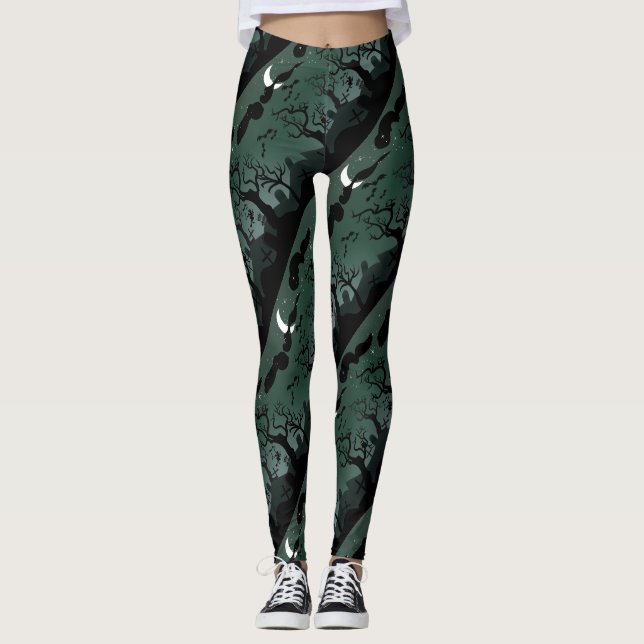 Svart och grått Halloween graveyard scenery Leggings (Framsida)
