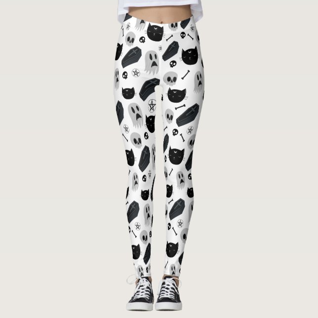 Svart och Grått Halloween Icons Mönster Leggings (Framsida)