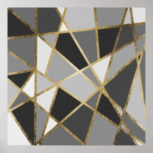 Svart och Grått Modern Geo Guld Triangles Poster