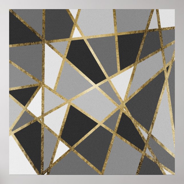 Svart och Grått Modern Geo Guld Triangles Poster (Framsidan)