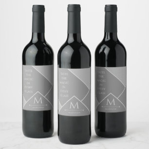 Svart och Grått Modern Geometric Vågigt böjt Linje Vinflaska Etikett