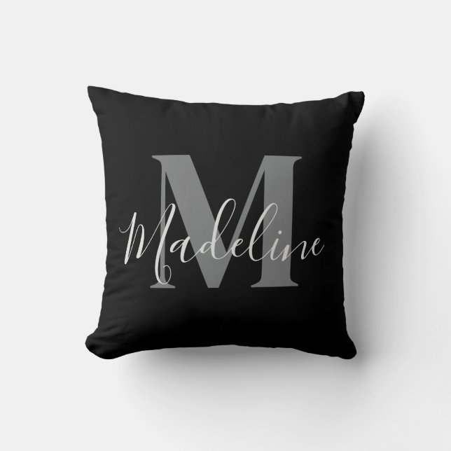 Svart Och Grått Monogram Elegant Kudde (Framsida)