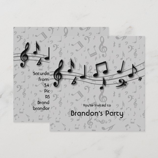 Svart och grått musik noterparty inbjudningar (Fram/baksida)