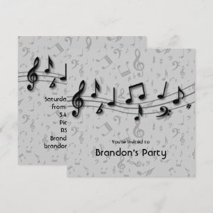 Svart och grått musik noterparty inbjudningar