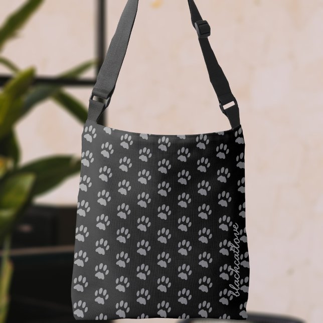 Svart och Grått Pet Paw Skriv ut Mönster Cat Lover Axelväska (A purrfect paw print crossbody bag with space for your name)
