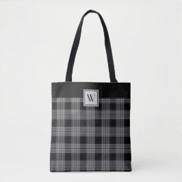 Svart och grått randigt mönster med monogram tygkasse