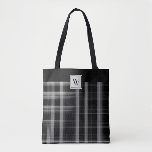 Svart och grått randigt mönster med monogram tygkasse (Framsida)