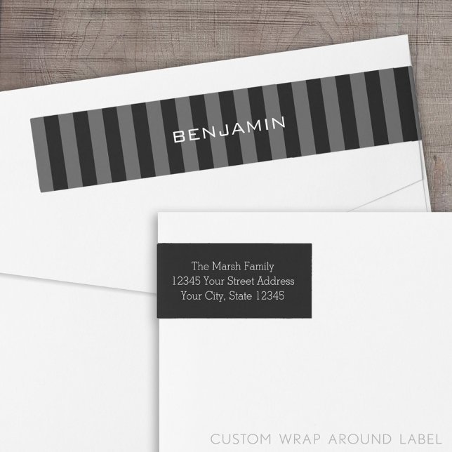 Svart och Grått Rugby Rand med eget namn Etikettband (Custom Return Address Label with a Wrap Around Feature)