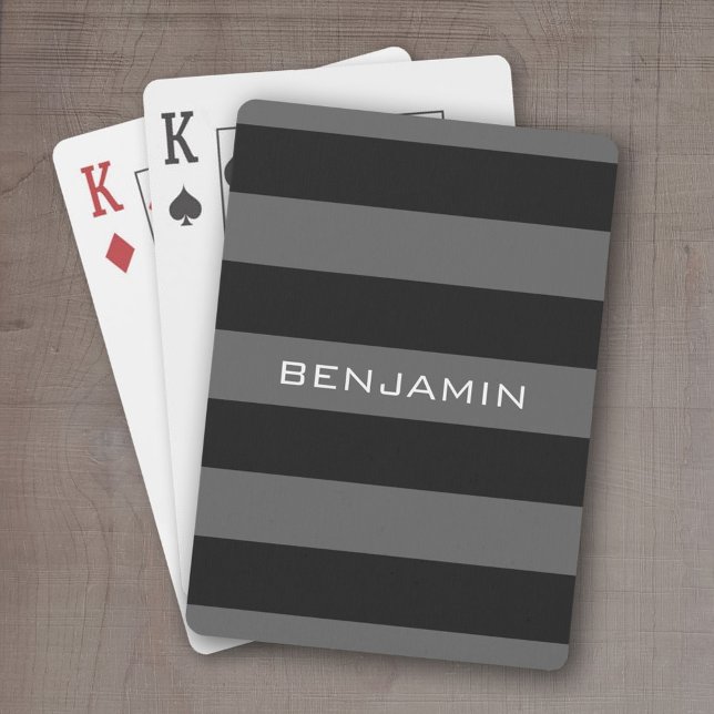 Svart och Grått Rugby Rand med eget namn Kortlek (Personalized playing cards - sporty, preppy stripe pattern with name. Great gift for the guys!)