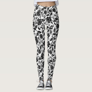 Svart och Grått Swirling Flowers Leggings