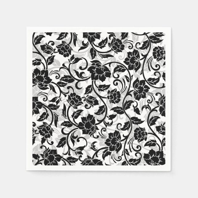 Svart och Grått Swirling Flowers Pappersservett (Framsidan)