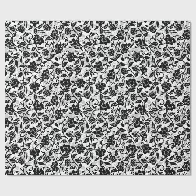 Svart och Grått Swirling Flowers Wrapping Papper Presentpapper (Platt)