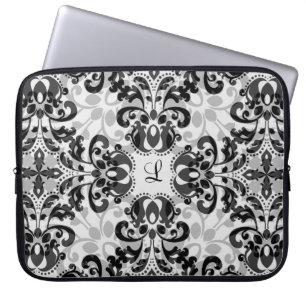 Svart och grått victorian damask dekor 15 tum laptop sleeve