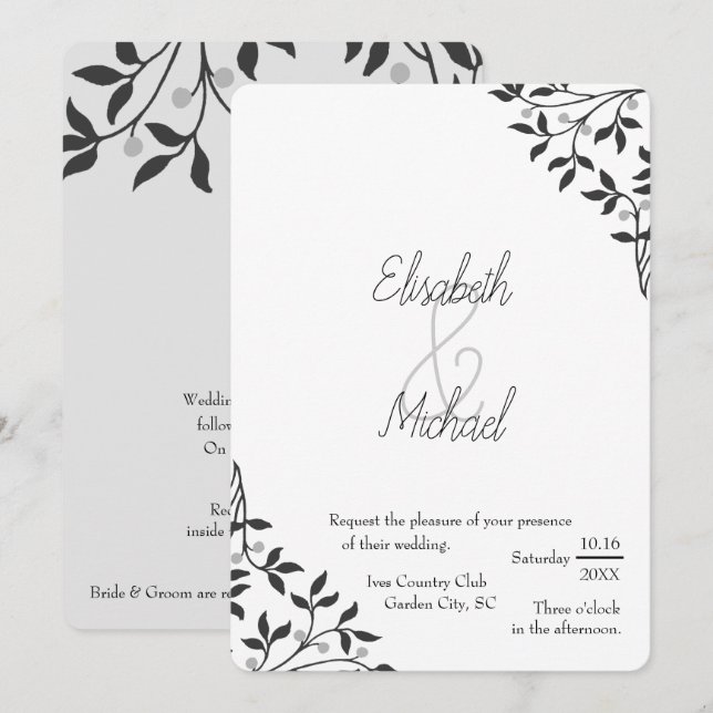 Svart och Grått Vine Inbjudningar (Fram/baksida)