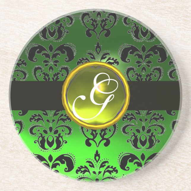 SVART OCH GRÖN DAMAST  Gul Topas Monogram Underlägg Sandsten (Framsidan)