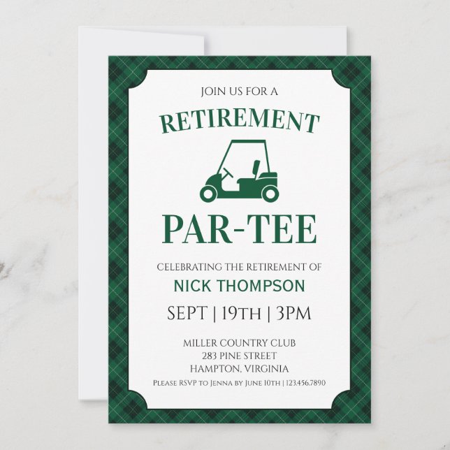 Svart Och Grön Gingham Golf Pensionärsfest Inbjudningar (Framsida)
