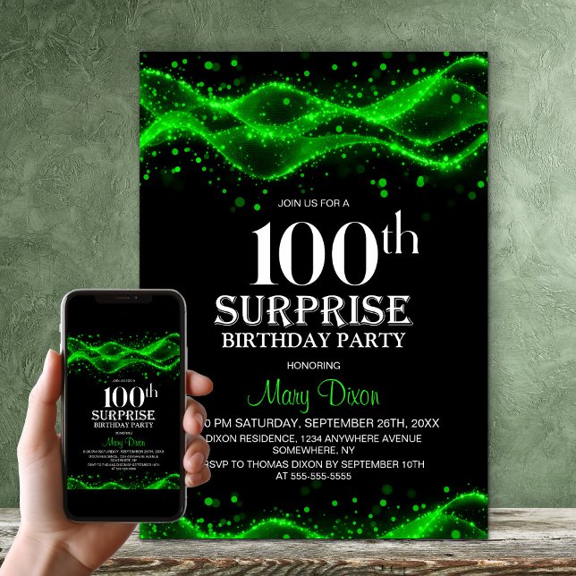 Svart och grön överraskning 100-årsfest inbjudningar (Skapare uppladdad)