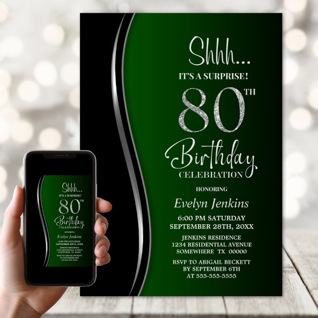 Svart och grön överraskning 80-årsdag inbjudningar (Skapare uppladdad)