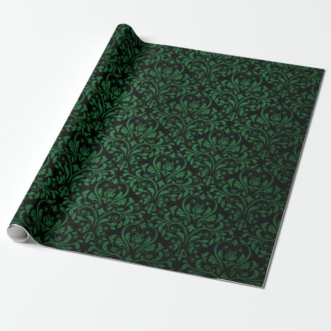 Svart och grön rustik damasttryck presentpapper (Utrullad)