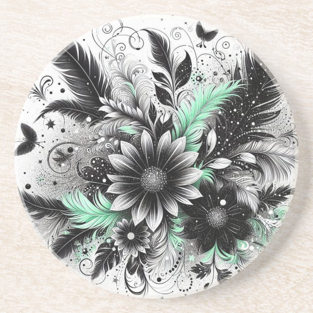 Svart och grönt Blommigt Underlägg (Framsidan)