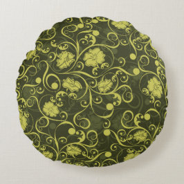 Svart och Grönt Blommönstret Illustrated Rund Kudde