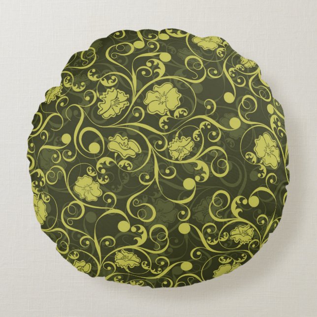Svart och Grönt Blommönstret Illustrated Rund Kudde (Framsidan)