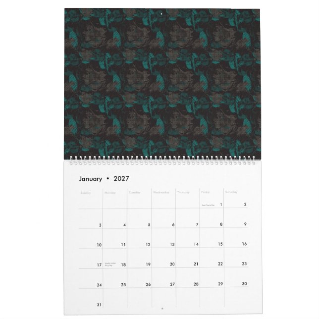 Svart och grönt mönster med svart bakgrund kalender (Jan 2027)