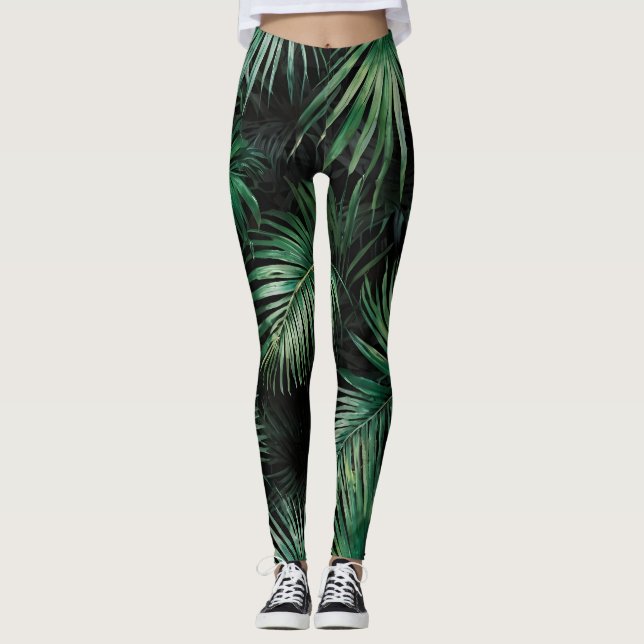 Svart och grönt Watercolor Handflatan Löv Leggings (Framsida)