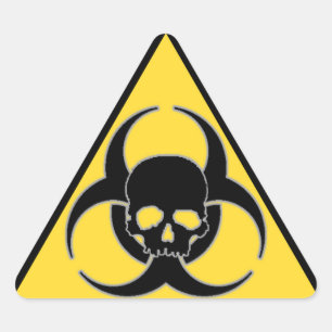 Svart och gul biosymbol och dödskalle triangelformat klistermärke