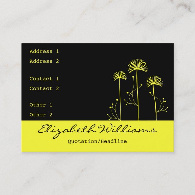 Svart och gul blommigt visitkort (Framsida)