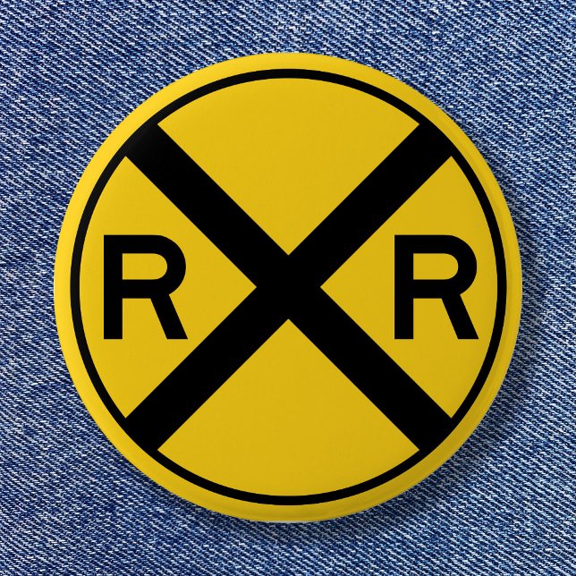 Svart och gul varningsskylt Järnvägskorsning Knapp (Black and Yellow Warning Sign Railroad Crossing Pinback Button)